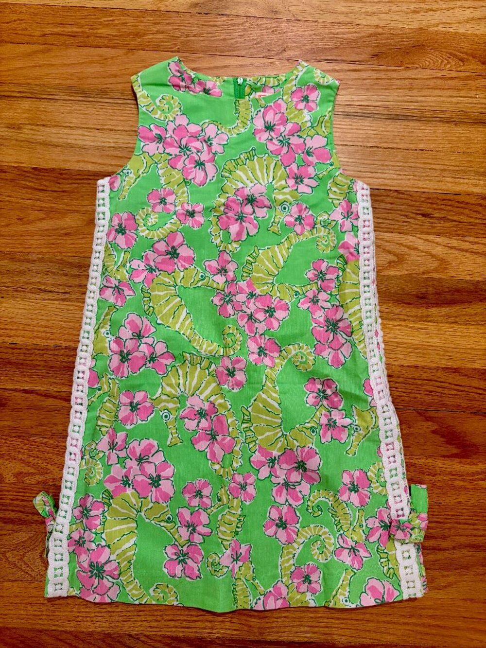Lilly Pulitzer Vintage Seahorse Hibiscus Shift Dress Girls Size 10 Green Pink